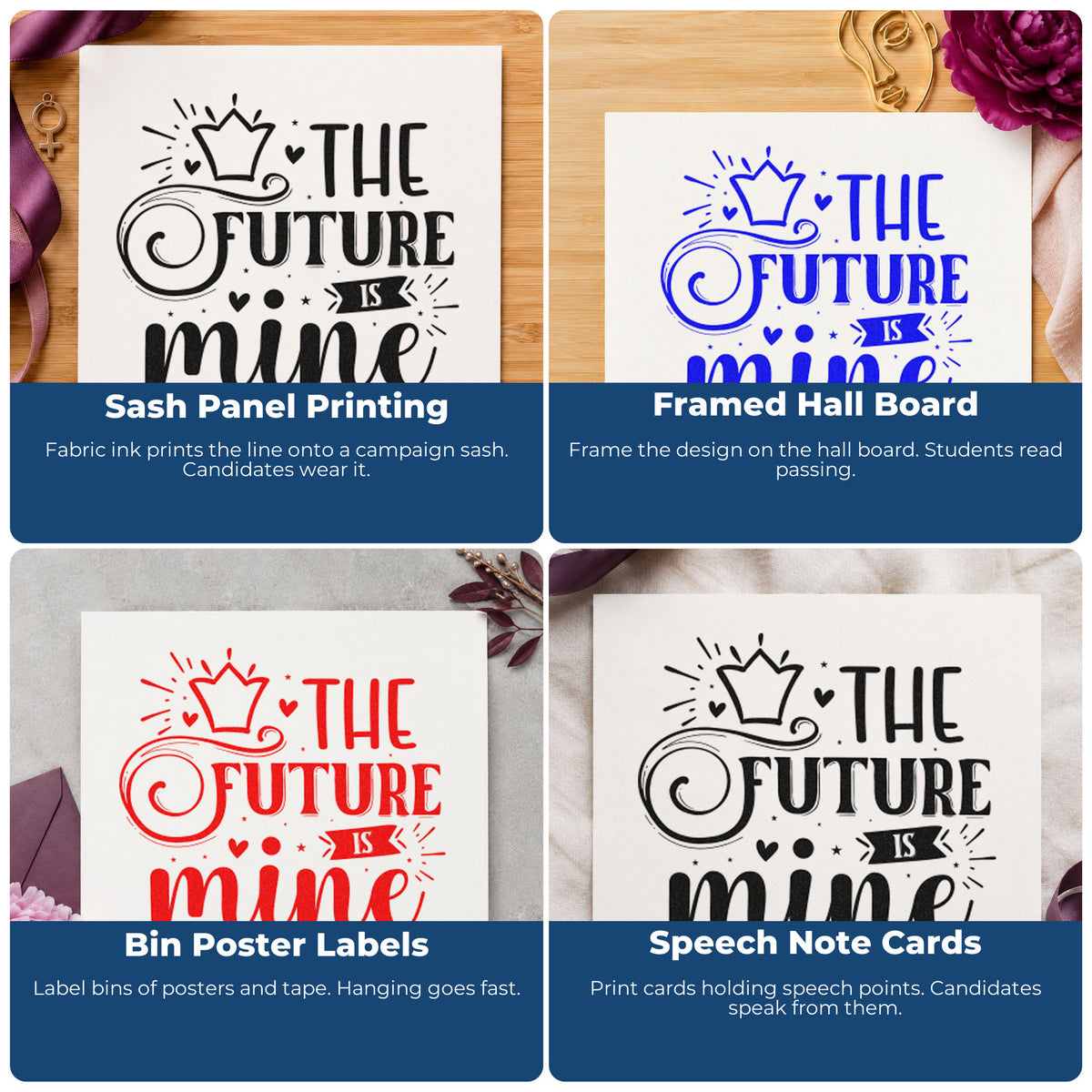 Four ways to use the The Future Is Mine Crown With Hearts Premium Wooden Stamp - Vintage Pro: sash panel printing, framed hall board, bin poster labels and speech note cards.