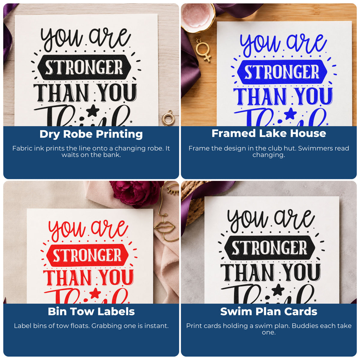 Four ways to use the You Are Stronger Than You Think With Stars Rubber Stamp – Duo Hand: dry robe printing, framed lake house, bin tow labels and swim plan cards.