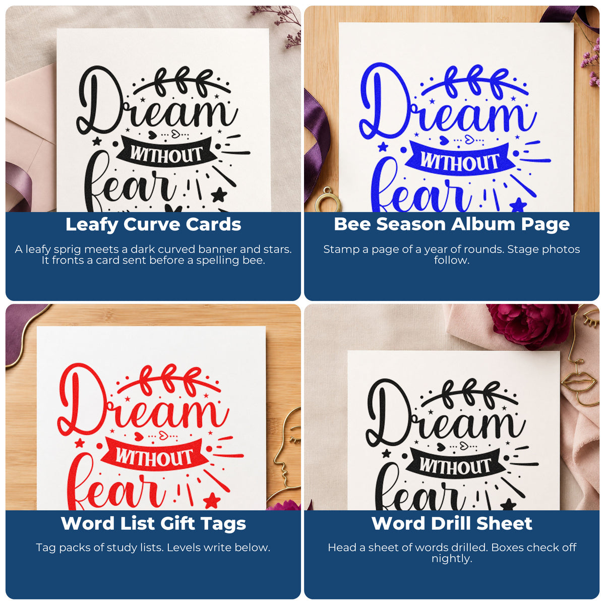 Four ways to use the Dream Without Fear Leaf Arrow Botanical Sprig Stamp - Premium Vintage Pro Wooden: leafy curve cards, bee season album page, word list gift tags and word drill sheet.