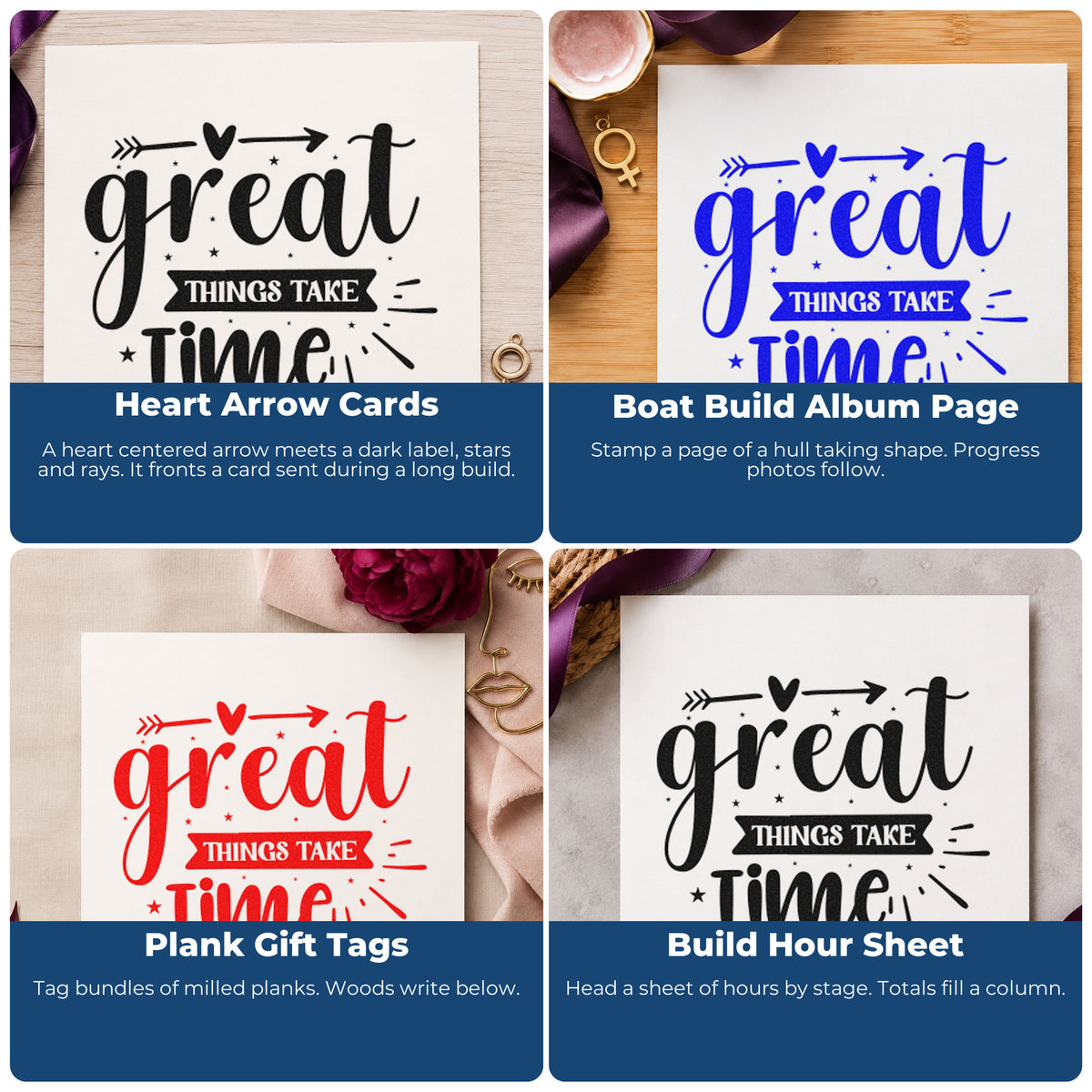 Four ways to use the Great Things Take Time Arrow With Stars PSI Pre-Inked Stamp: heart arrow cards, boat build album page, plank gift tags and build hour sheet.