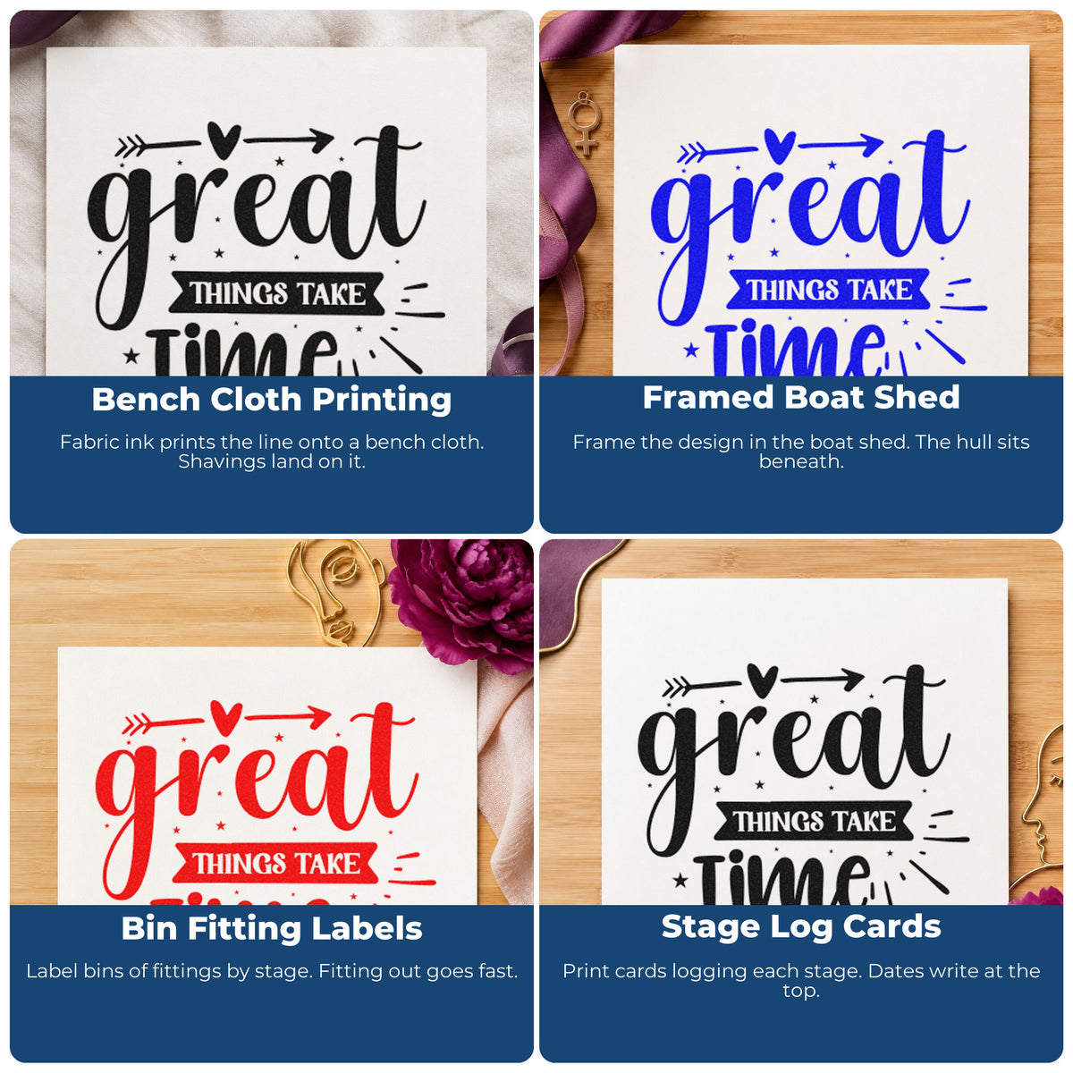 Four ways to use the Great Things Take Time Arrow With Stars Stamp – Self-Inking: bench cloth printing, framed boat shed, bin fitting labels and stage log cards.
