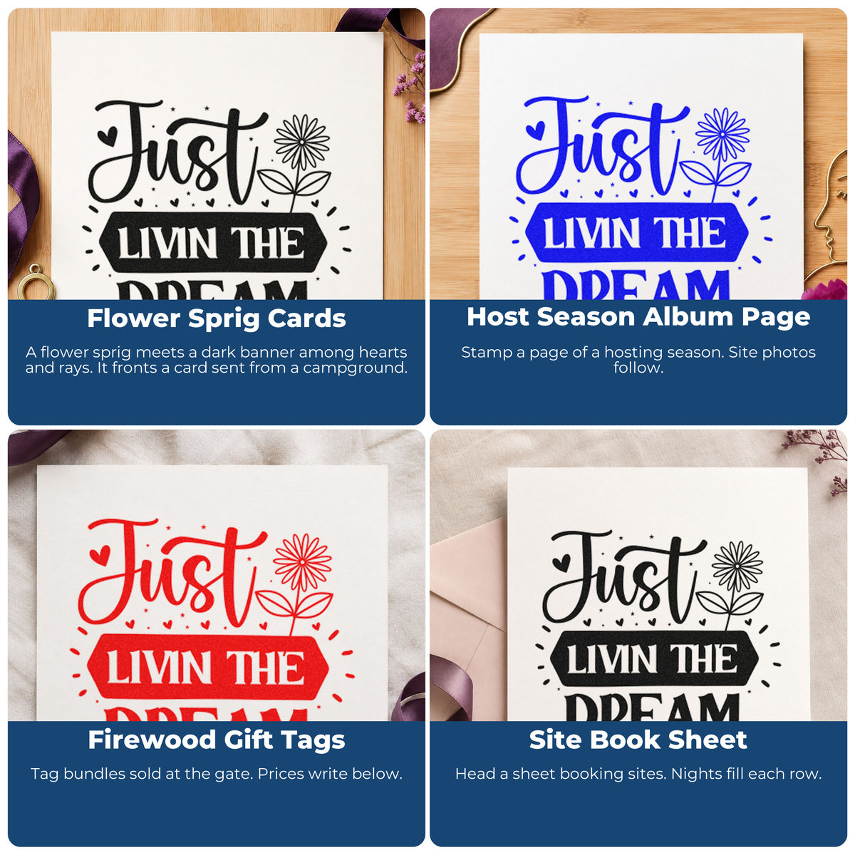 Four ways to use the Just Livin Dream Flower Self-Inking Stamp: flower sprig cards, host season album page, firewood gift tags and site book sheet.