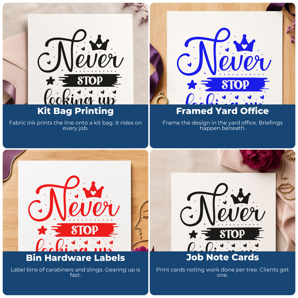 Four ways to use the Never Stop Looking Up Crown With Stars Stamp – Self-Inking: kit bag printing, framed yard office, bin hardware labels and job note cards.