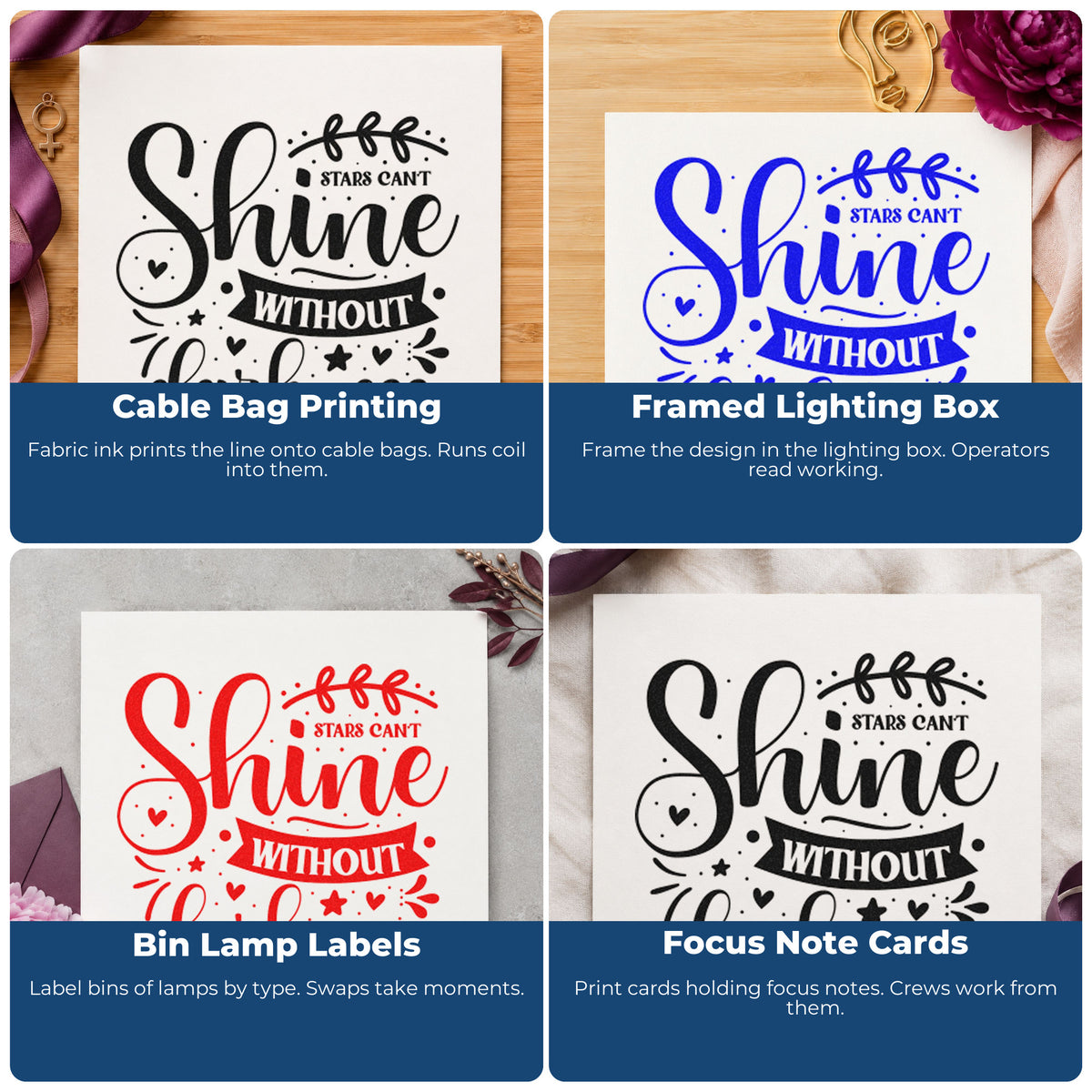 Four ways to use the Stars Can't Shine Without Darkness Premium Wood-Mounted Stamp - Vintage Pro: cable bag printing, framed lighting box, bin lamp labels and focus note cards.