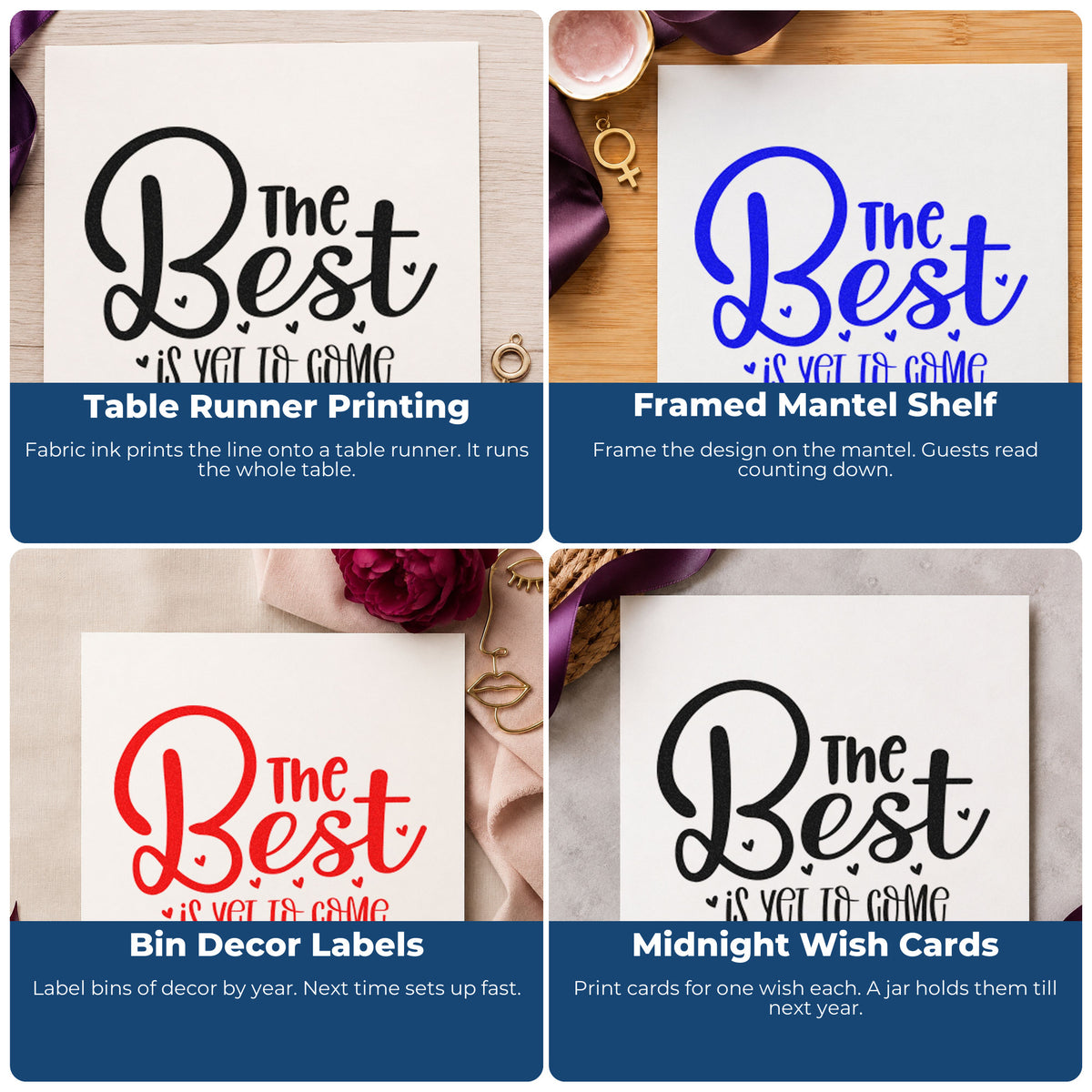 Four ways to use the The Best Is Yet To Come With Hearts Rubber Stamp – Wood Handle: table runner printing, framed mantel shelf, bin decor labels and midnight wish cards.