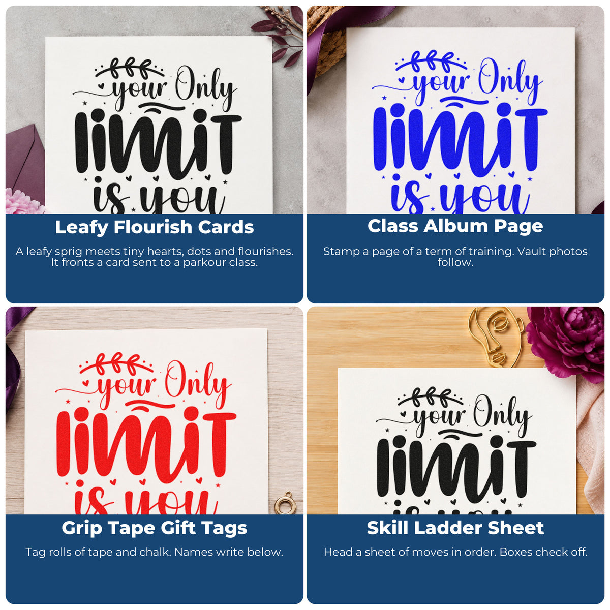 Four ways to use the Your Only Limit Is You Leaves Self-Inking Stamp: leafy flourish cards, class album page, grip tape gift tags and skill ladder sheet.
