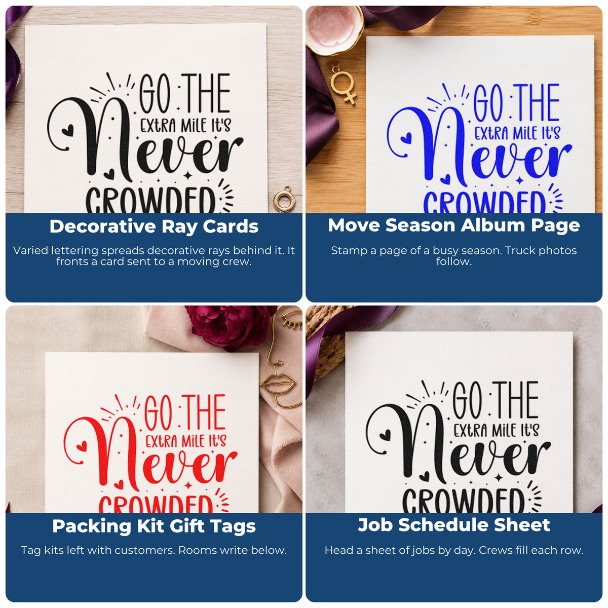 Four ways to use the Go The Extra Mile It's Never Crowded Premium Wood-Mounted Stamp - Vintage Pro: decorative ray cards, move season album page, packing kit gift tags and job schedule sheet.