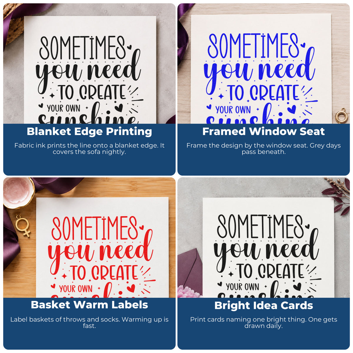Four ways to use the Create Your Own Sunshine Hand Stamp – Duo: blanket edge printing, framed window seat, basket warm labels and bright idea cards.