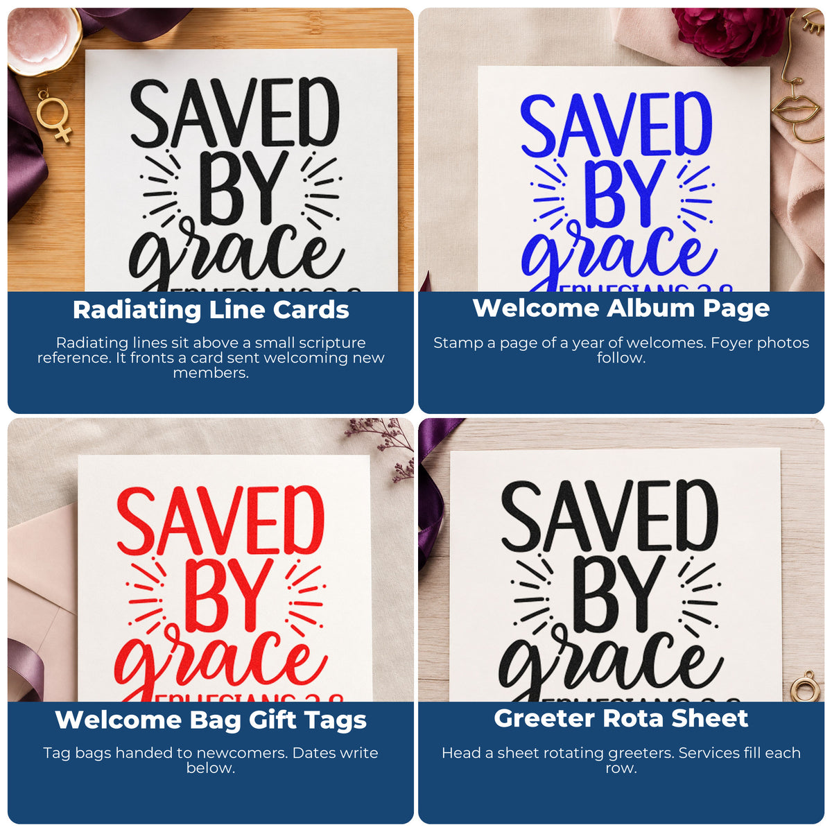 Four ways to use the Saved By Grace Ephesians Lettering Rubber Stamp – Wood Handle: radiating line cards, welcome album page, welcome bag gift tags and greeter rota sheet.