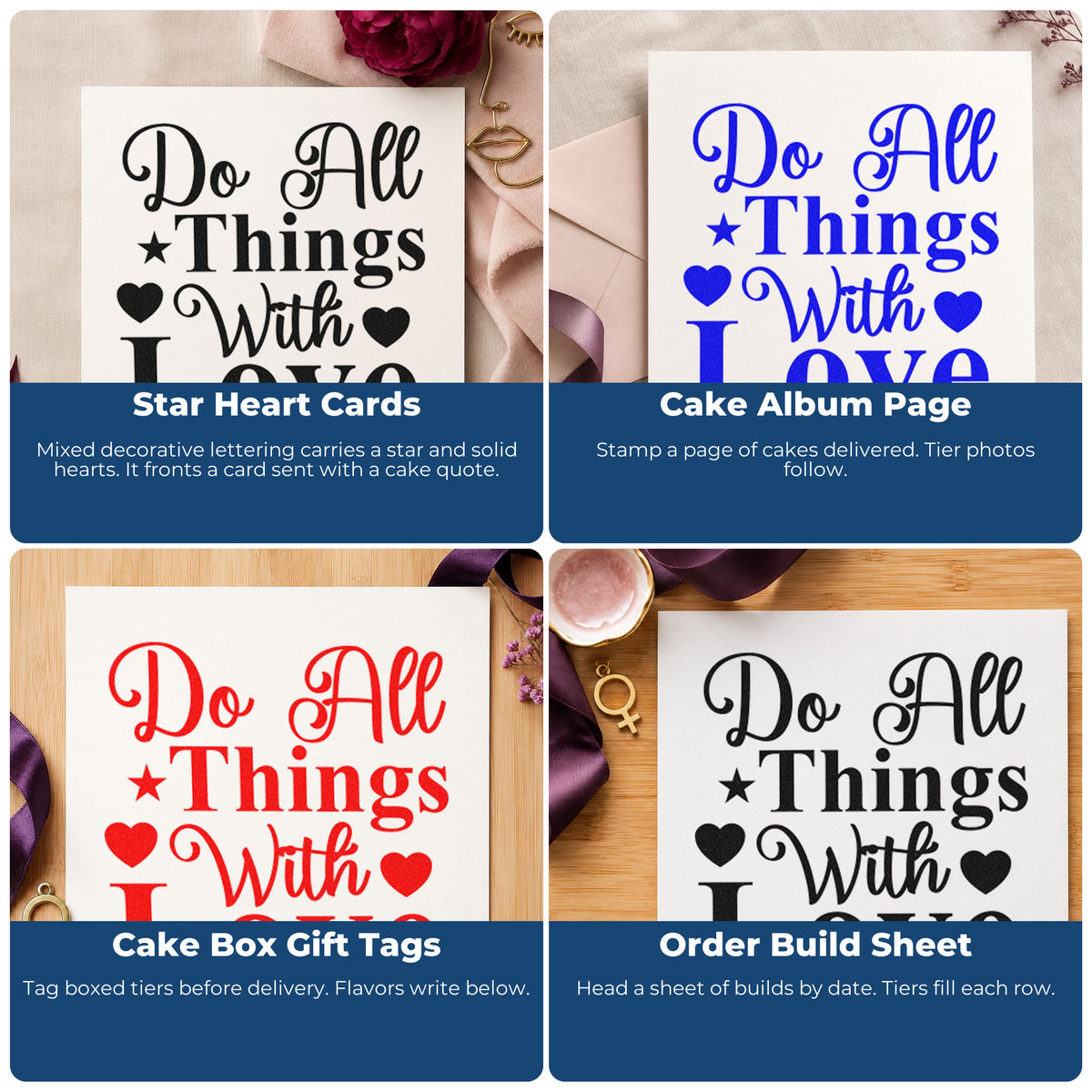 Four ways to use the Do All Things With Love Self-Inking Craft Stamp: star heart cards, cake album page, cake box gift tags and order build sheet.