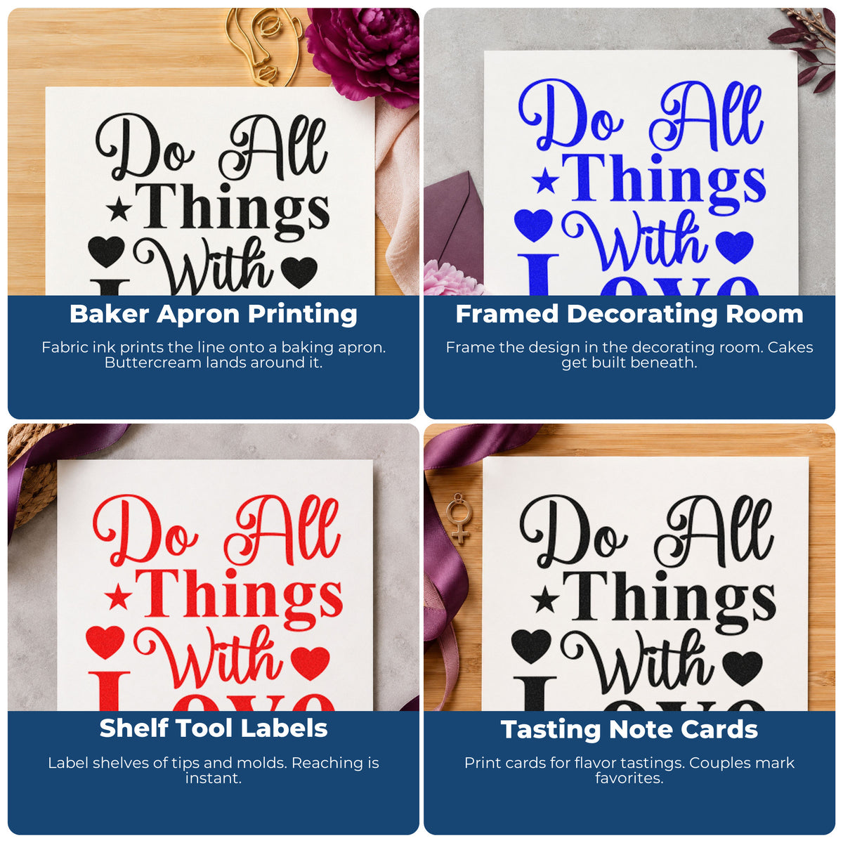 Four ways to use the Do All Things With Love Self-Inking Craft Stamp: baker apron printing, framed decorating room, shelf tool labels and tasting note cards.