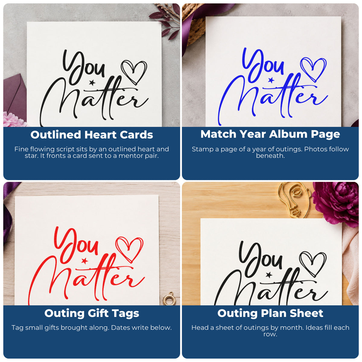Four ways to use the You Matter Heart Star Premium Wood-Mounted Stamp - Vintage Pro: outlined heart cards, match year album page, outing gift tags and outing plan sheet.