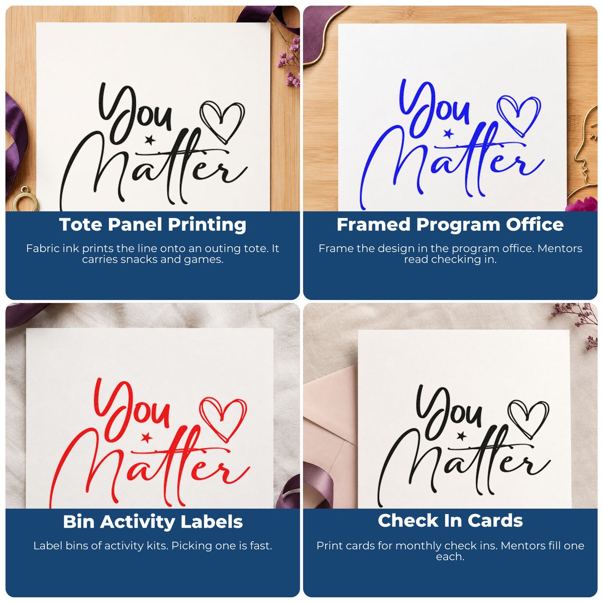 Four ways to use the You Matter Heart Star Self-Inking Craft Stamp: tote panel printing, framed program office, bin activity labels and check in cards.