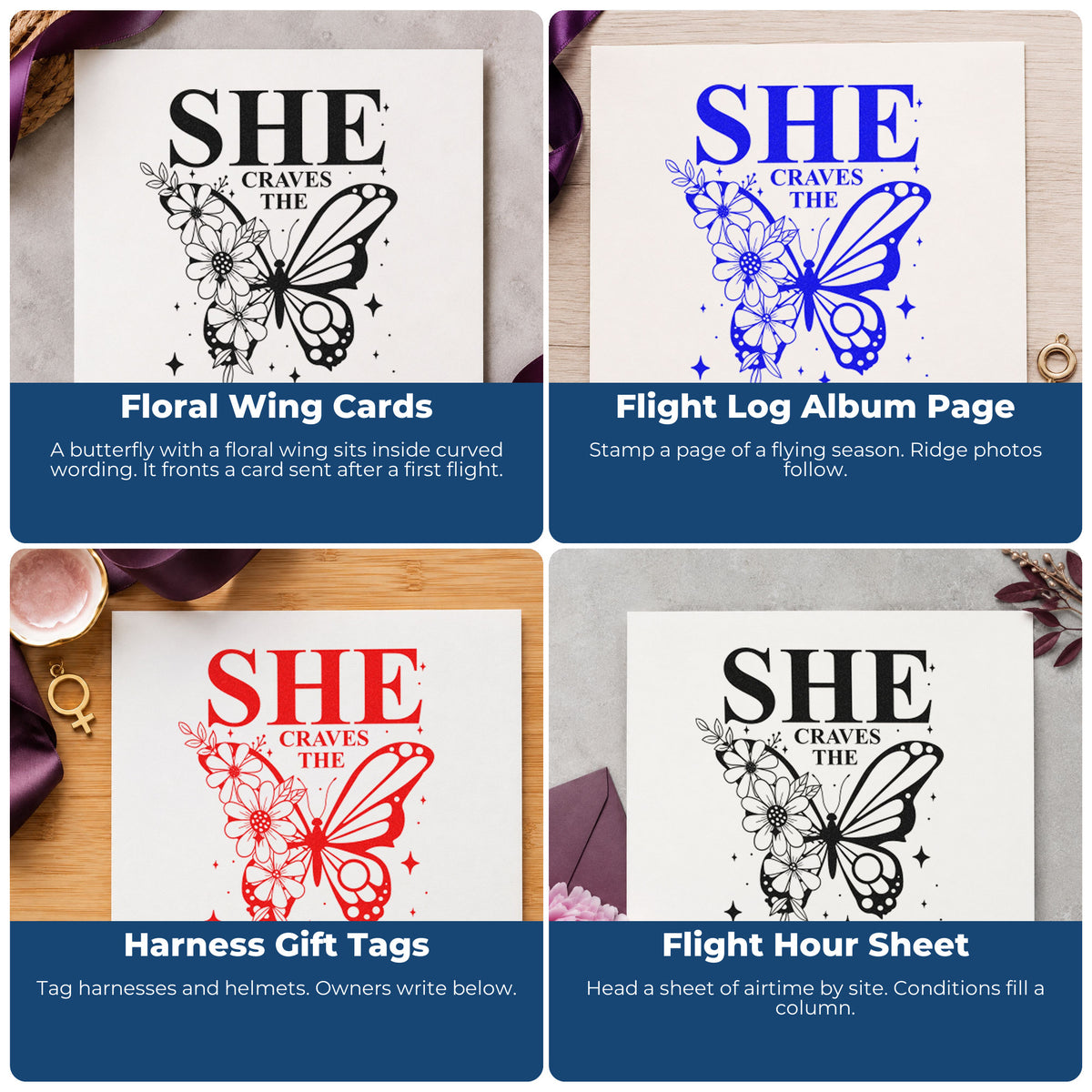 Four ways to use the Wood Handle She Craves The Open Sky Butterfly Rubber Stamp: floral wing cards, flight log album page, harness gift tags and flight hour sheet.
