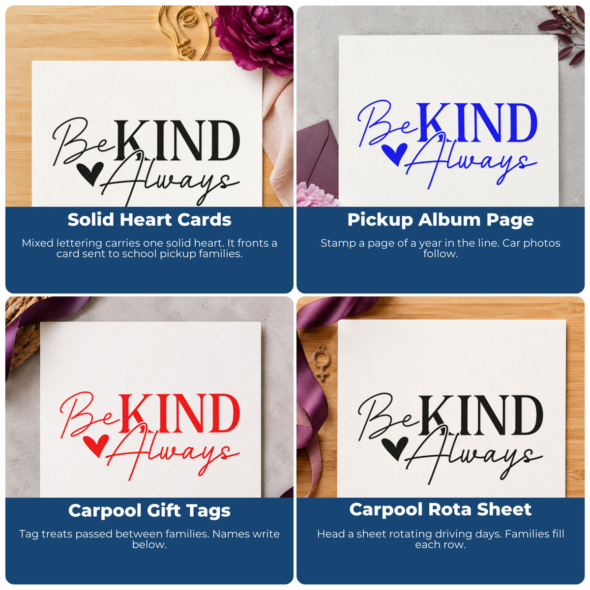 Four ways to use the Be Kind Always Heart Premium Wood-Mounted Stamp - Vintage Pro: solid heart cards, pickup album page, carpool gift tags and carpool rota sheet.
