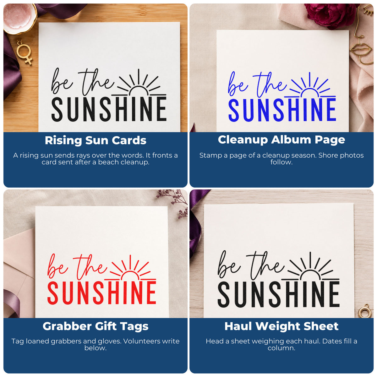 Four ways to use the Sunshine Lettering With Radiant Sunrise Duo Hand Stamp: rising sun cards, cleanup album page, grabber gift tags and haul weight sheet.