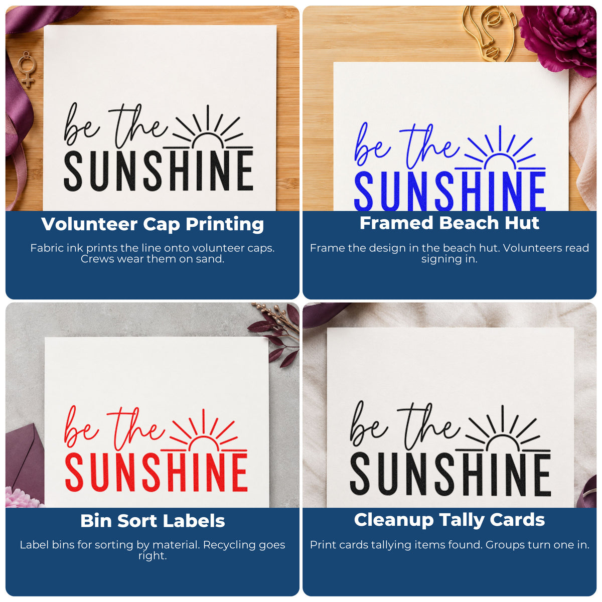 Four ways to use the Sunshine Lettering With Radiant Sunrise Rubber Stamp – Wood Handle: volunteer cap printing, framed beach hut, bin sort labels and cleanup tally cards.