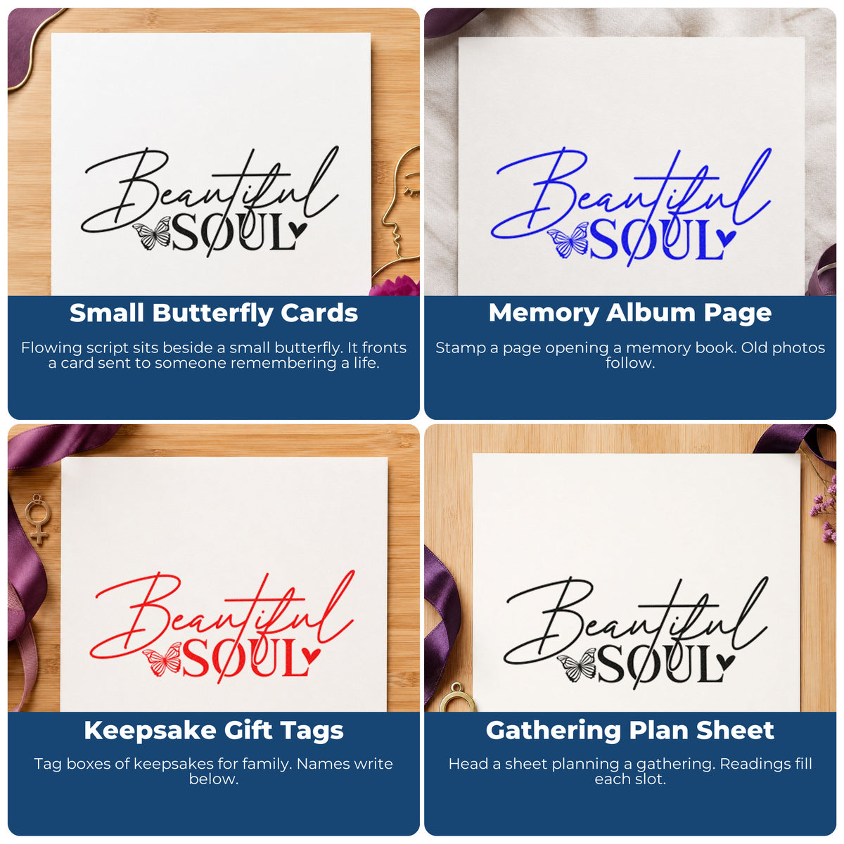 Four ways to use the Beautiful Soul Butterfly Lettering Premium Wooden Stamp - Vintage Pro: small butterfly cards, memory album page, keepsake gift tags and gathering plan sheet.