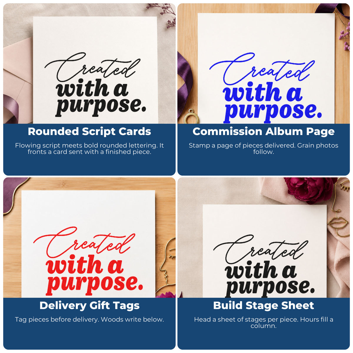 Four ways to use the Created With A Purpose Script Lettering Stamp – Slim Pre-Inked: rounded script cards, commission album page, delivery gift tags and build stage sheet.