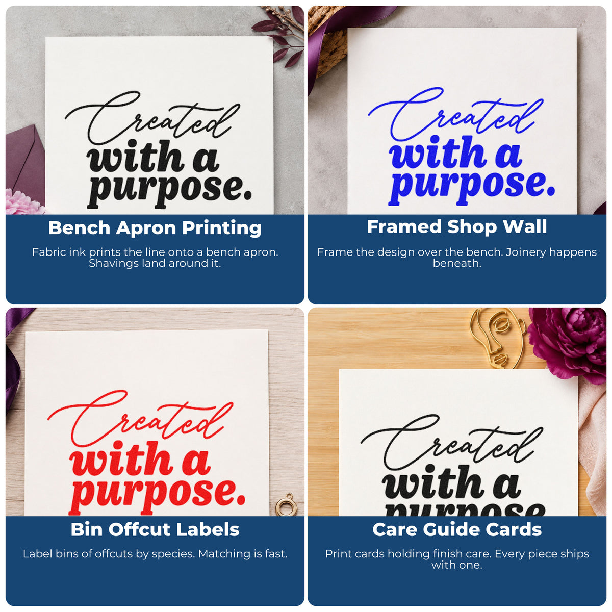 Four ways to use the Created With A Purpose Script Lettering Hand Stamp – Duo: bench apron printing, framed shop wall, bin offcut labels and care guide cards.