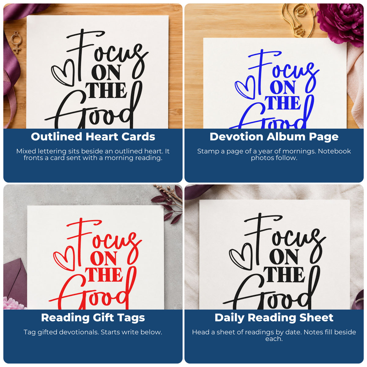 Four ways to use the Focus On The Good With Hearts Pre-Inked Stamp – PSI: outlined heart cards, devotion album page, reading gift tags and daily reading sheet.