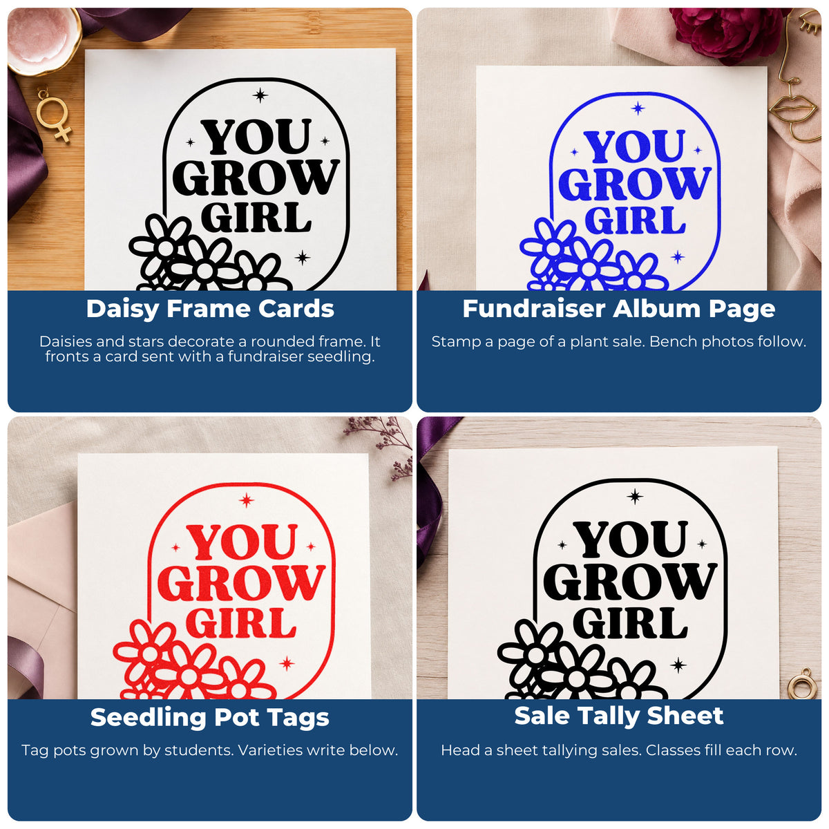 Four ways to use the You Grow Girl Daisy Frame Rubber Stamp – Duo Hand: daisy frame cards, fundraiser album page, seedling pot tags and sale tally sheet.