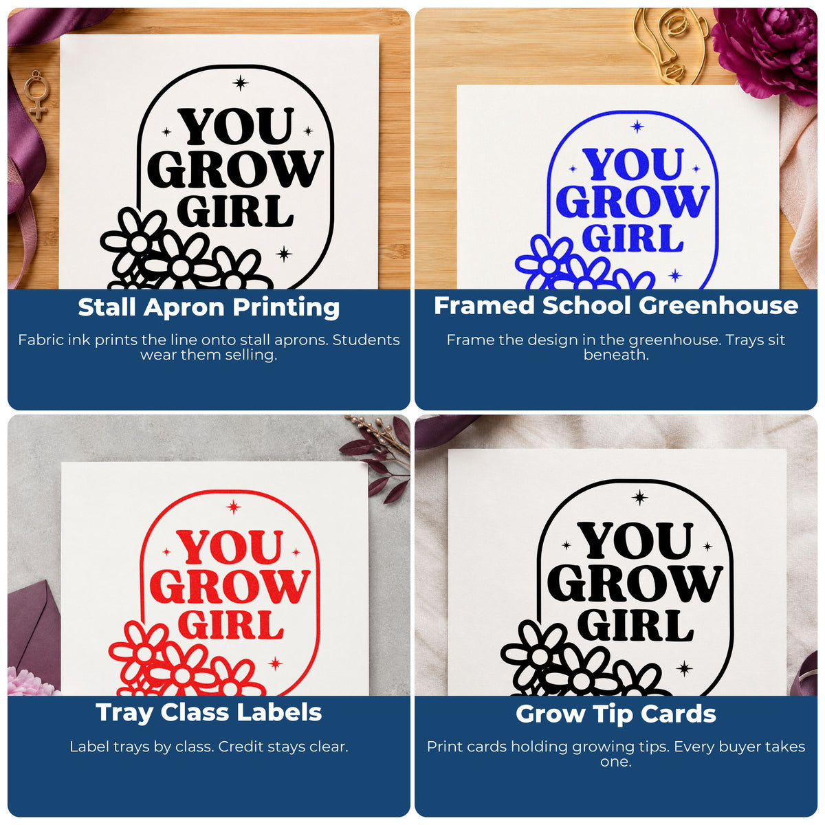 Four ways to use the You Grow Girl Daisy Frame Self-Inking Craft Stamp: stall apron printing, framed school greenhouse, tray class labels and grow tip cards.