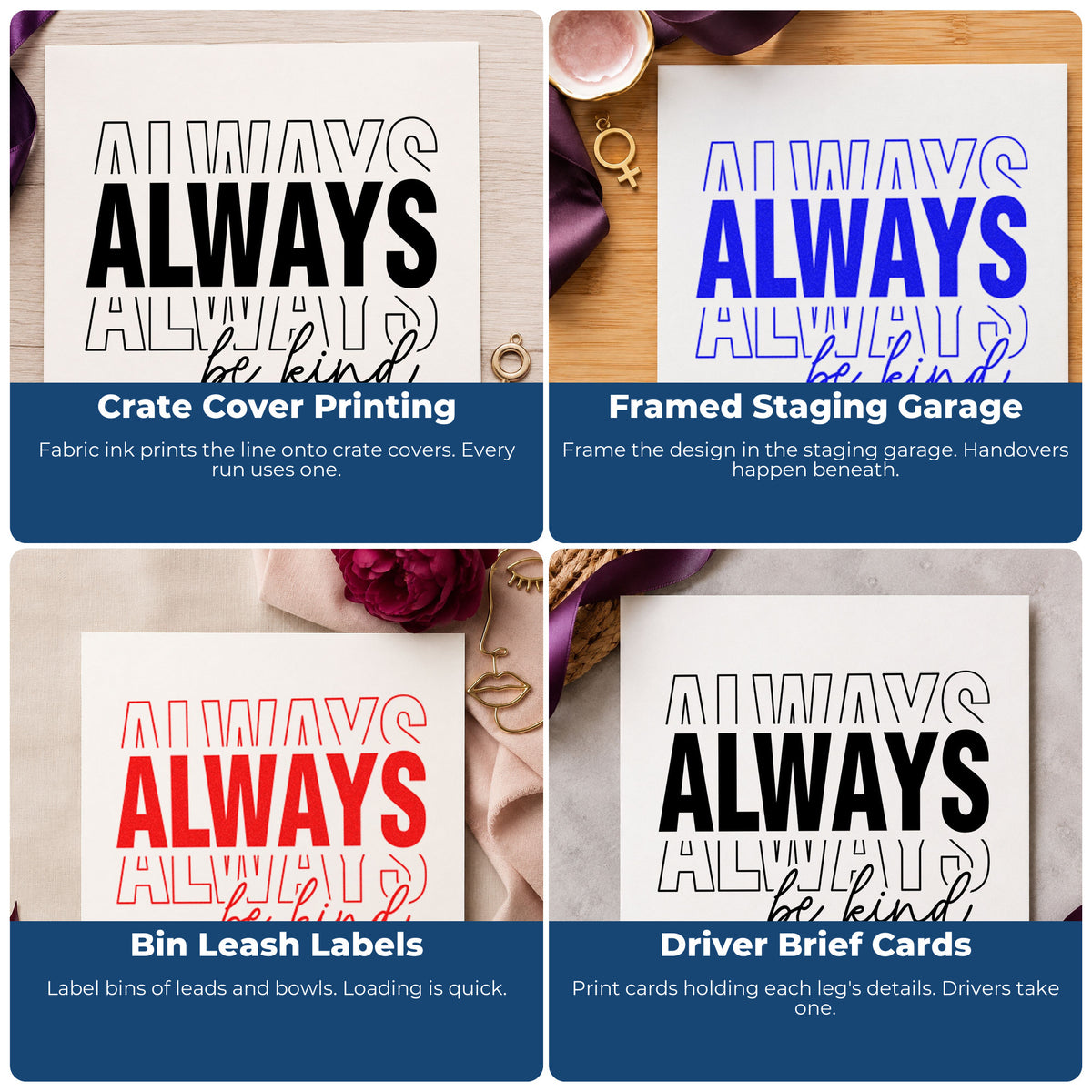Four ways to use the Always Be Kind Word Art Self-Inking Stamp: crate cover printing, framed staging garage, bin leash labels and driver brief cards.