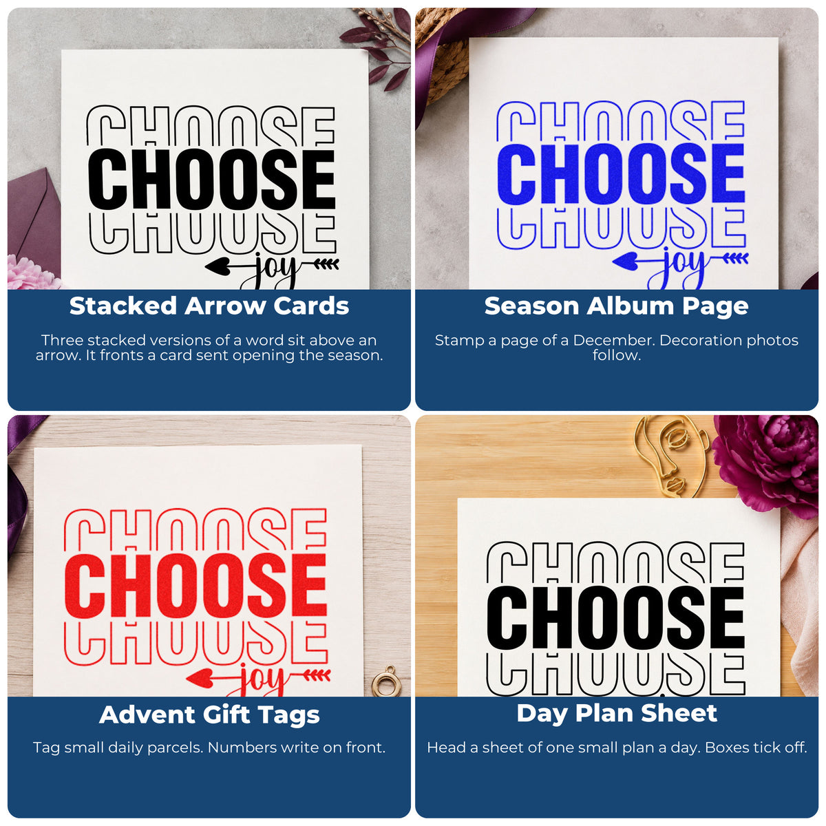 Four ways to use the Choose Joy Repeated Lettering Rubber Stamp – Wood Handle: stacked arrow cards, season album page, advent gift tags and day plan sheet.