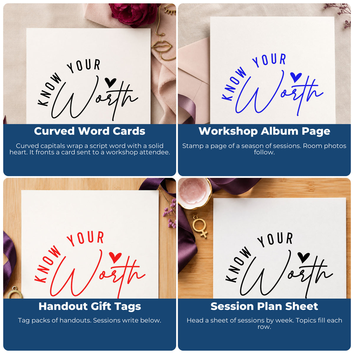 Four ways to use the Know Your Worth Heart Script Lettering Pre-Inked Stamp – Slim: curved word cards, workshop album page, handout gift tags and session plan sheet.