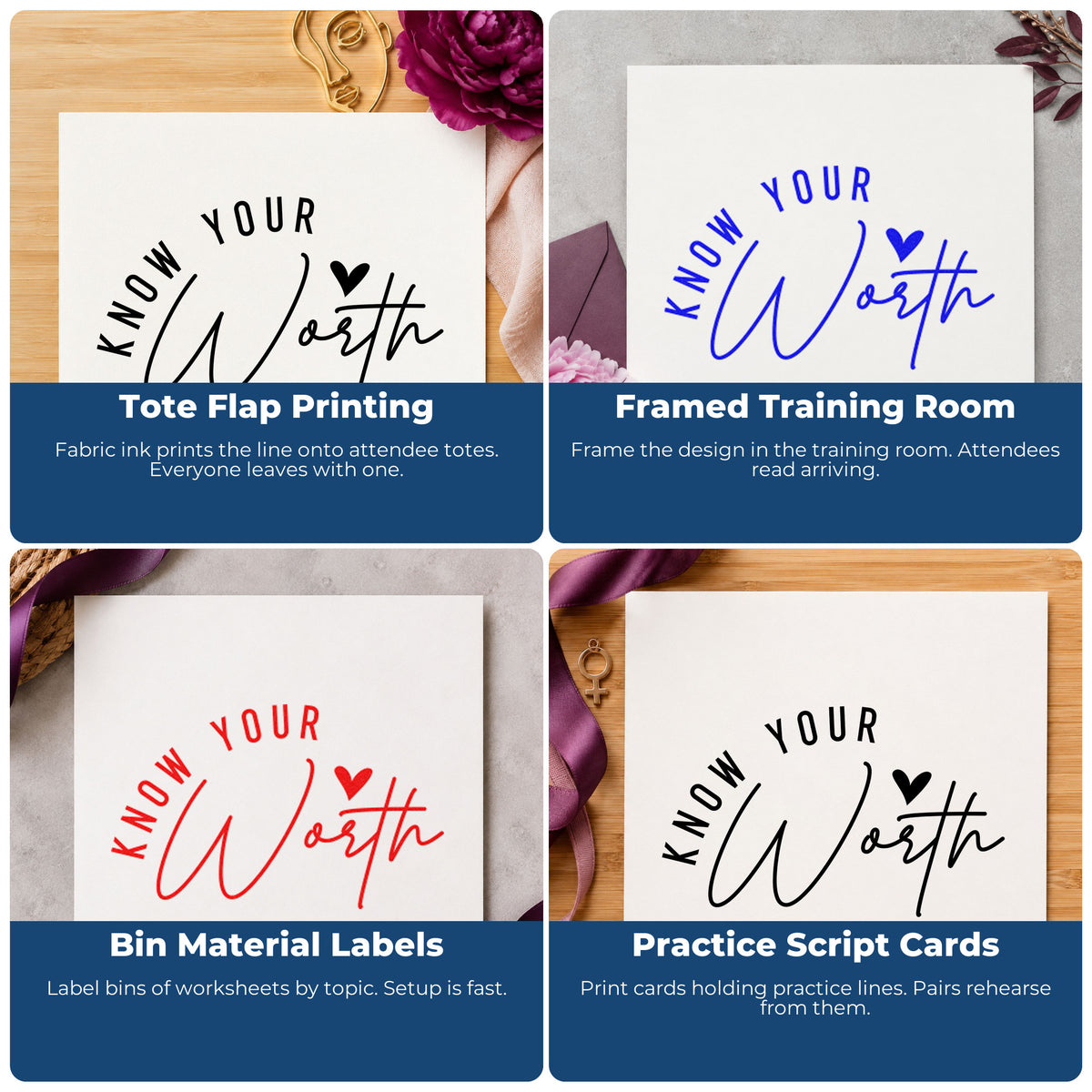Four ways to use the Know Your Worth Heart Script Lettering Pre-Inked Stamp – Slim: tote flap printing, framed training room, bin material labels and practice script cards.