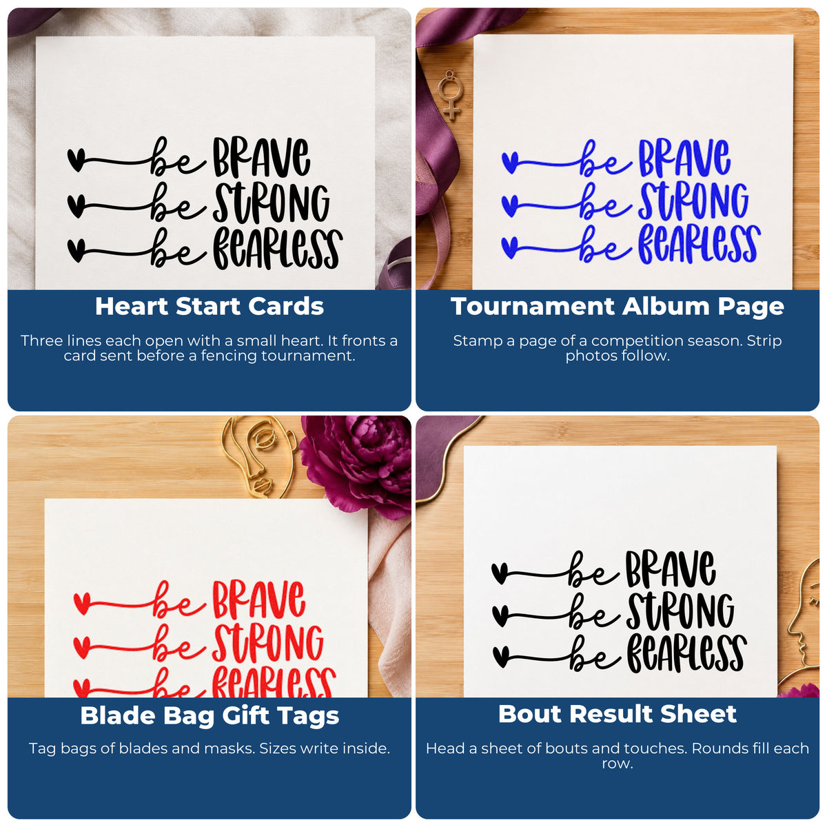 Four ways to use the Brave Strong Fearless Hearts Stamp – PSI Pre-Inked: heart start cards, tournament album page, blade bag gift tags and bout result sheet.