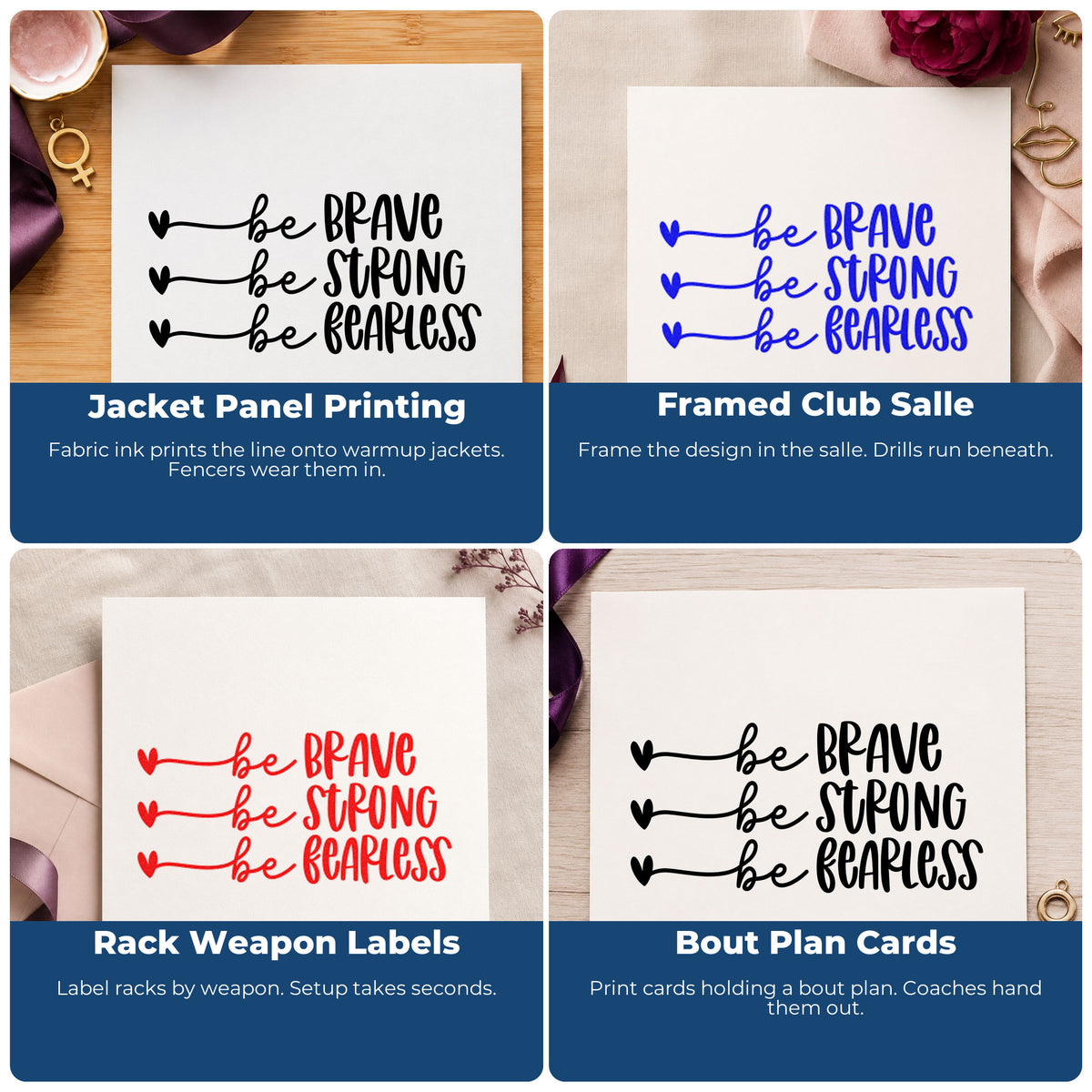 Four ways to use the Brave Strong Fearless Hearts Premium Wood-Mounted Stamp - Vintage Pro: jacket panel printing, framed club salle, rack weapon labels and bout plan cards.