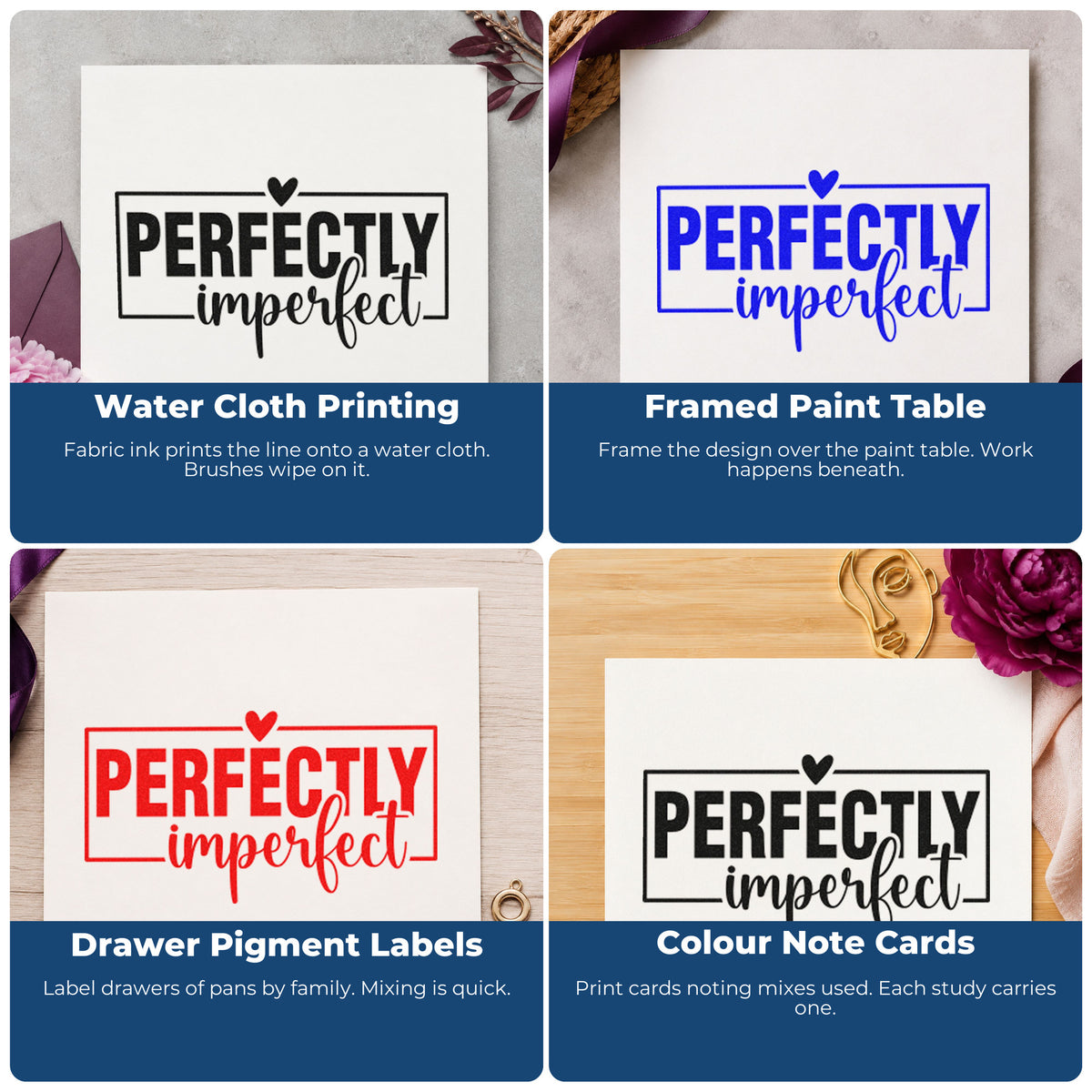 Four ways to use the Perfectly Imperfect Heart Frame Self-Inking Stamp: water cloth printing, framed paint table, drawer pigment labels and color note cards.