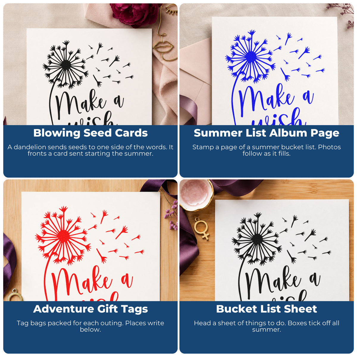 Four ways to use the Make A Wish Dandelion Premium Wooden Stamp - Vintage Pro: blowing seed cards, summer list album page, adventure gift tags and bucket list sheet.