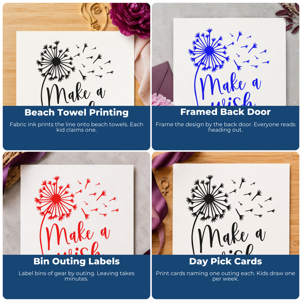 Four ways to use the Make A Wish Dandelion Premium Wooden Stamp - Vintage Pro: beach towel printing, framed back door, bin outing labels and day pick cards.