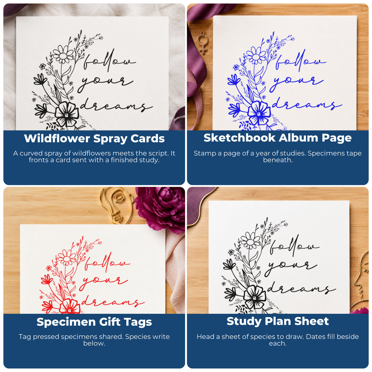 Four ways to use the Follow Your Dreams Wildflower Lettering Stamp - Premium Vintage Pro Wooden: wildflower spray cards, sketchbook album page, specimen gift tags and study plan sheet.