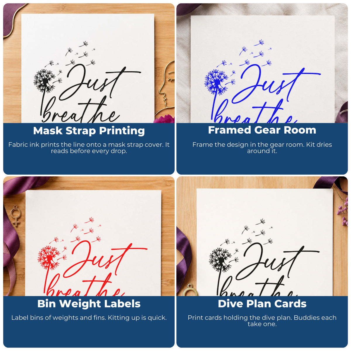 Four ways to use the Just Breathe Dandelion Seeds Slim Pre-Inked Stamp: mask strap printing, framed gear room, bin weight labels and dive plan cards.