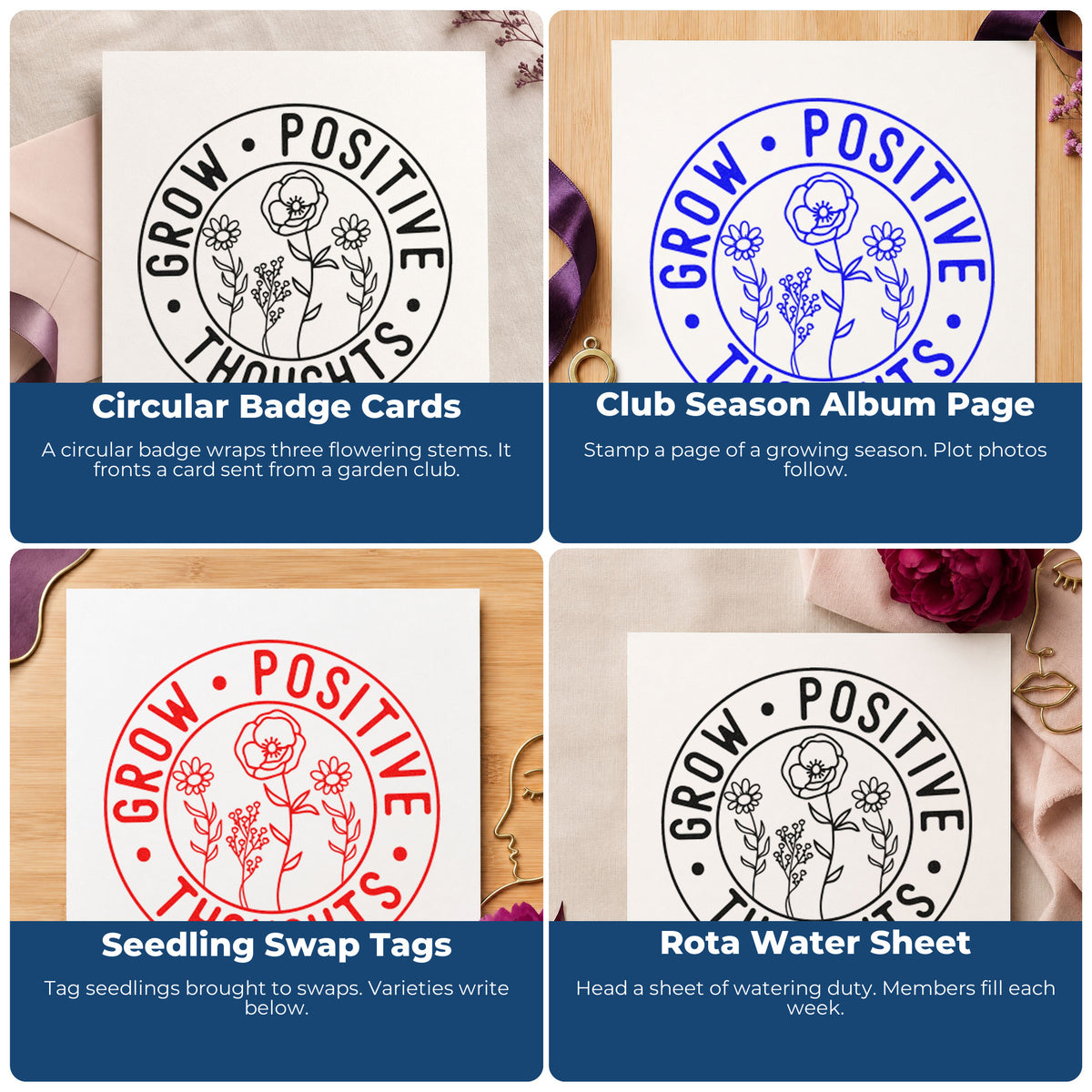 Four ways to use the Grow Positive Thoughts Emblem Pre-Inked Stamp – Slim: circular badge cards, club season album page, seedling swap tags and rota water sheet.