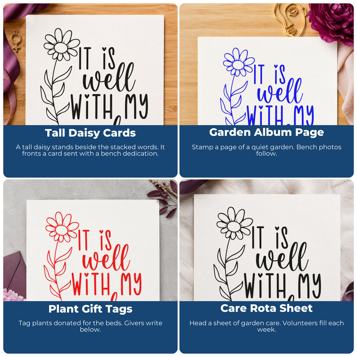 Four ways to use the It Is Well With My Soul Daisy Self-Inking Stamp: tall daisy cards, garden album page, plant gift tags and care rota sheet.