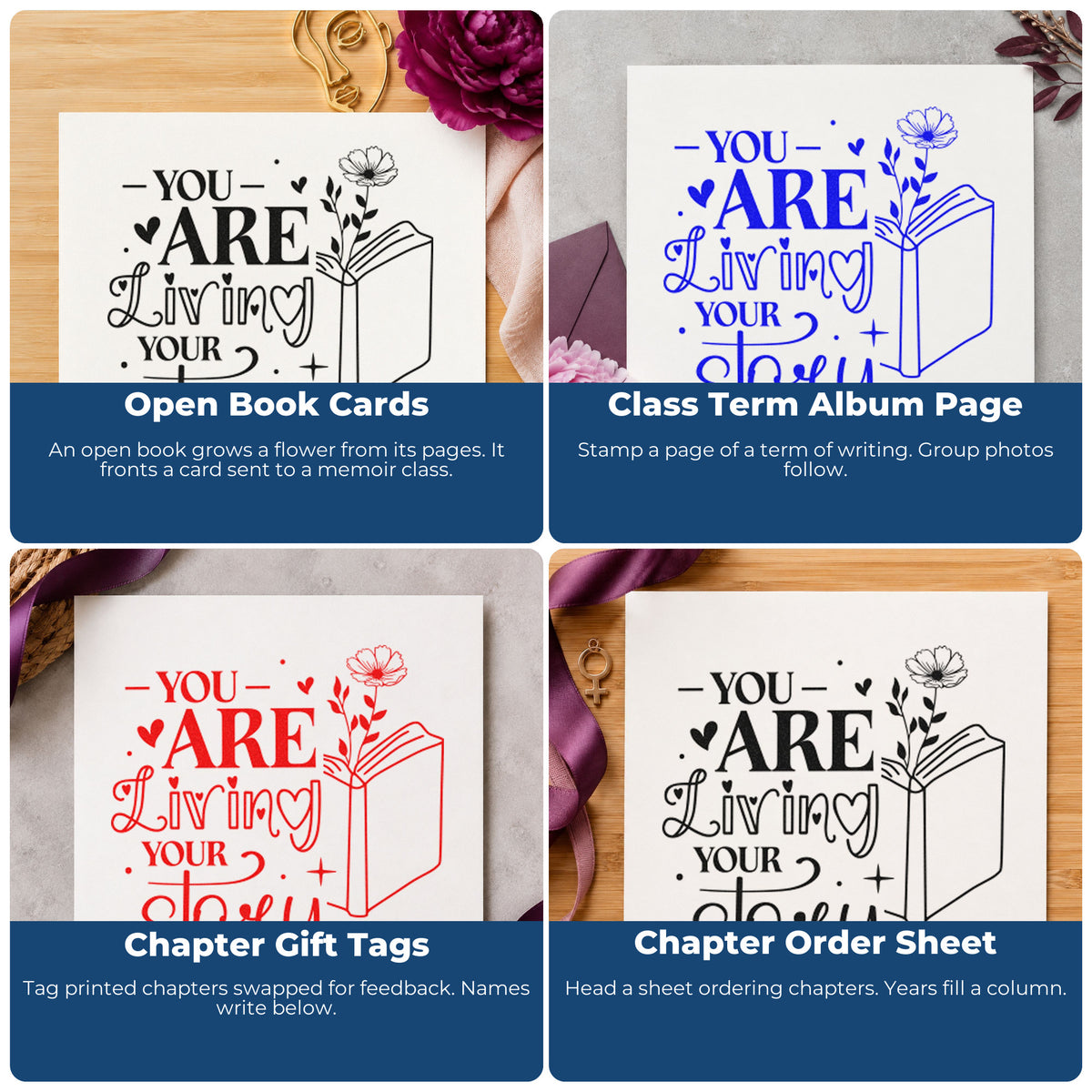 Four ways to use the You Are Living Your Story Hand Stamp – Duo: open book cards, class term album page, chapter gift tags and chapter order sheet.