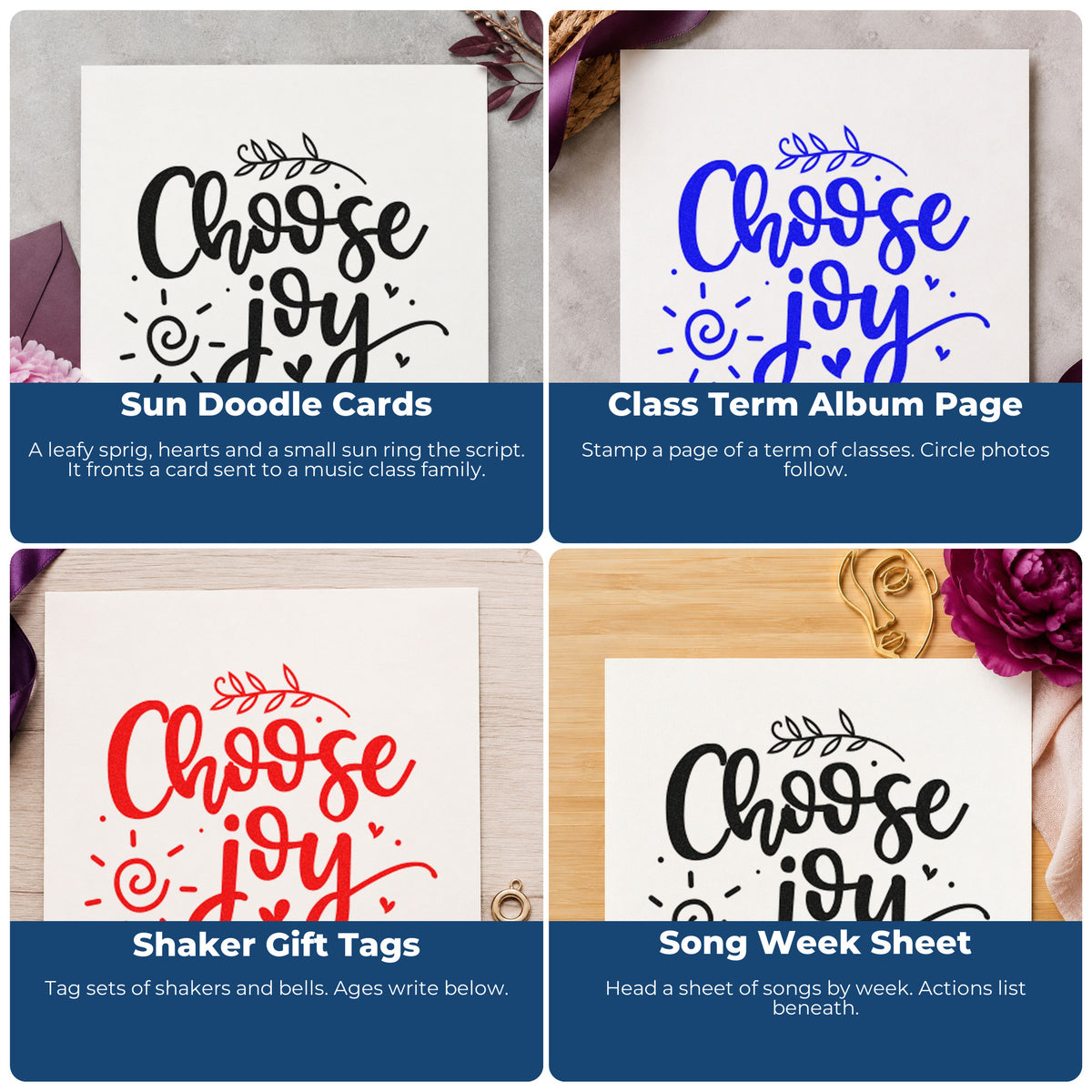 Four ways to use the Vintage Pro Choose Joy Leafy Script Premium Wooden Stamp: sun doodle cards, class term album page, shaker gift tags and song week sheet.