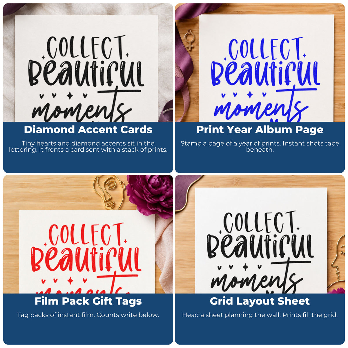 Four ways to use the Collect Beautiful Moments Hearts Self-Inking Stamp: diamond accent cards, print year album page, film pack gift tags and grid layout sheet.