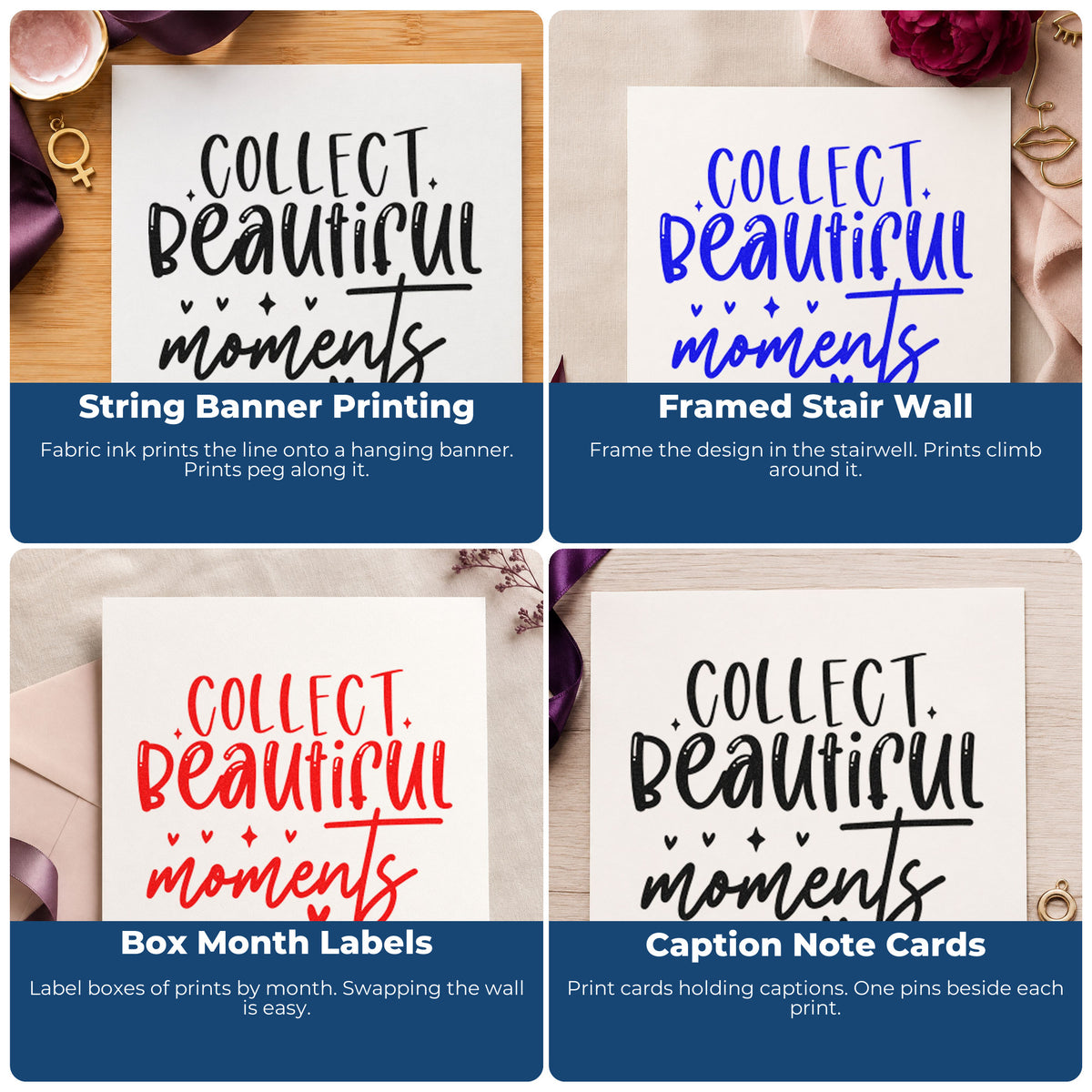 Four ways to use the Collect Beautiful Moments Hearts Self-Inking Stamp: string banner printing, framed stair wall, box month labels and caption note cards.