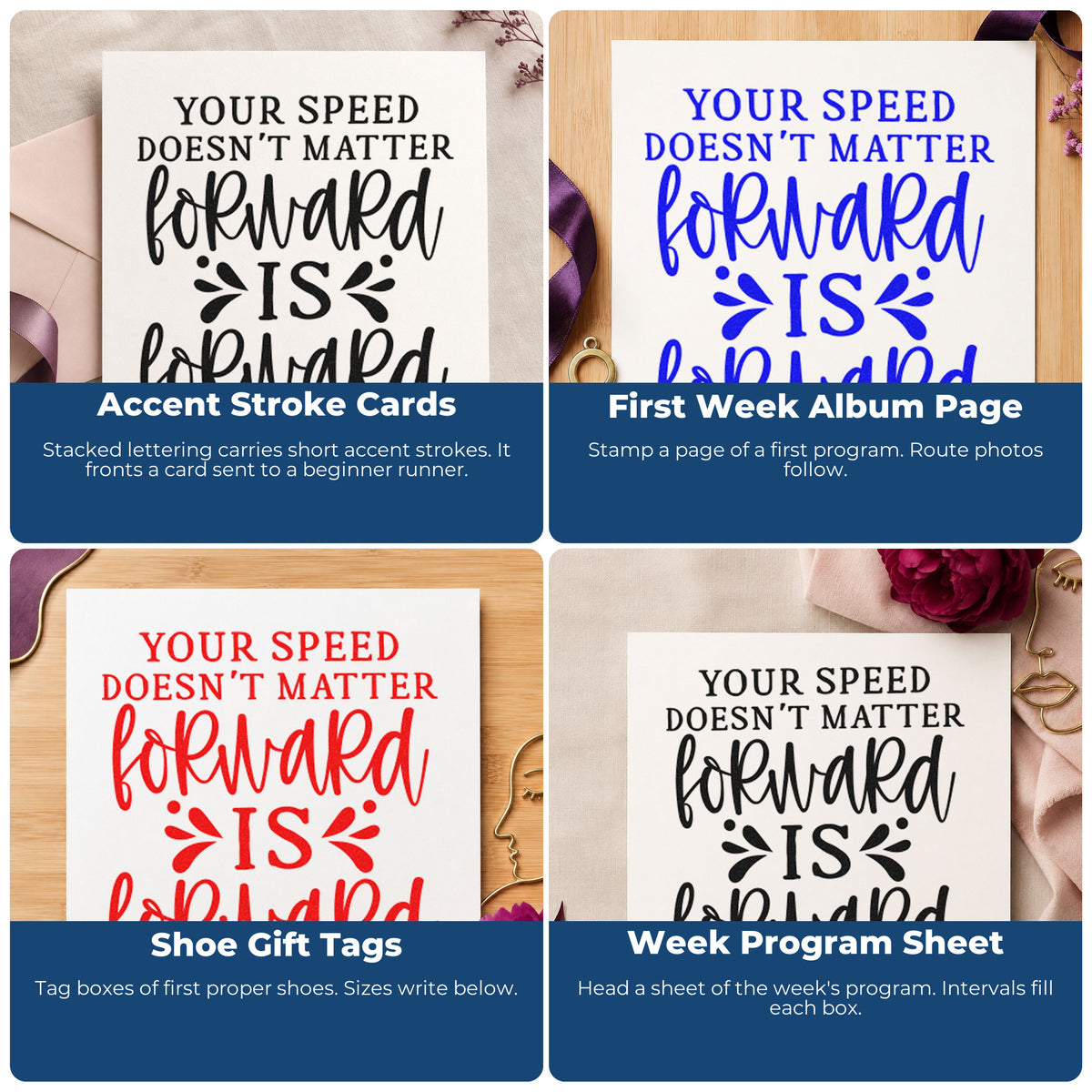 Four ways to use the Forward Is Forward Quote Rubber Stamp – Duo Hand: accent stroke cards, first week album page, shoe gift tags and week program sheet.