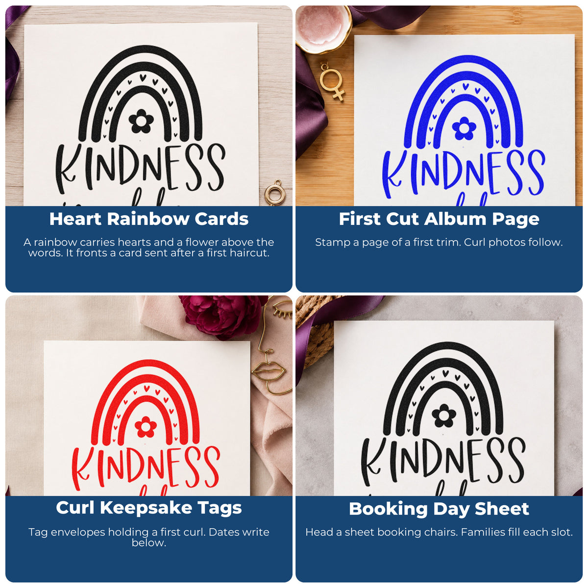 Four ways to use the Kindness Is Golden Rainbow Rubber Stamp – Duo Hand: heart rainbow cards, first cut album page, curl keepsake tags and booking day sheet.