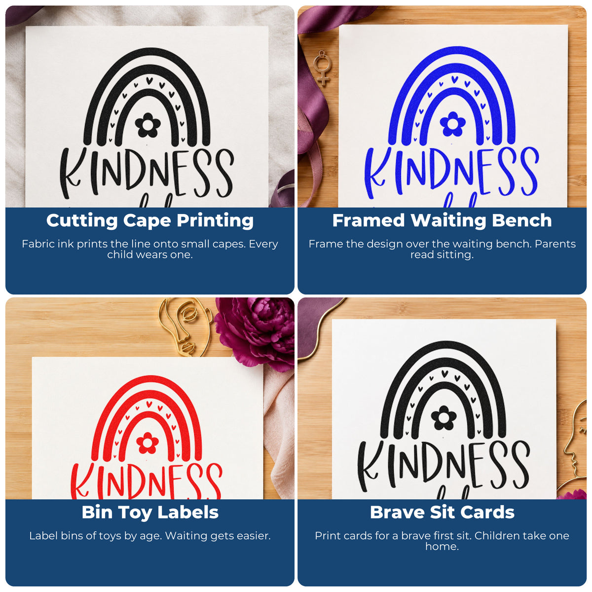 Four ways to use the Kindness Is Golden Rainbow Pre-Inked Stamp – PSI: cutting cape printing, framed waiting bench, bin toy labels and brave sit cards.
