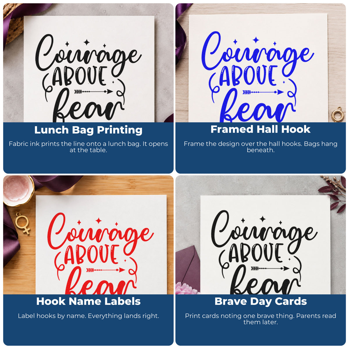 Four ways to use the Courage And Fear Arrow Lettering Stamp - Premium Vintage Pro Wooden: lunch bag printing, framed hall hook, hook name labels and brave day cards.