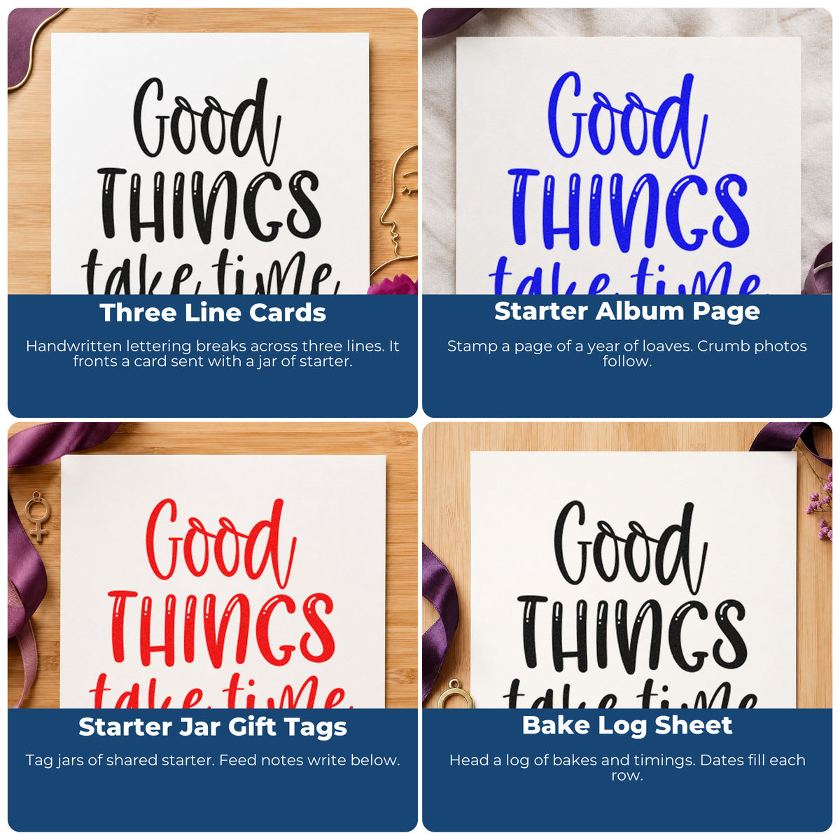 Four ways to use the Good Things Take Time Lettering Slim Pre-Inked Stamp: three line cards, starter album page, starter jar gift tags and bake log sheet.