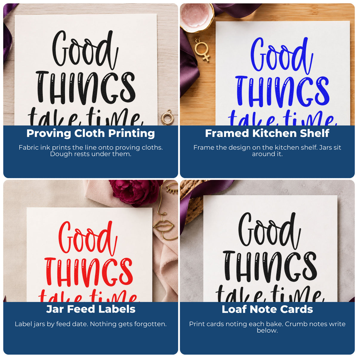 Four ways to use the Good Things Take Time Lettering Self-Inking Stamp: proving cloth printing, framed kitchen shelf, jar feed labels and loaf note cards.